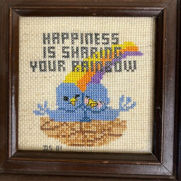 Vintage 80s Cross Stitch Blue Birds Happiness Is Sharing Your Rainbow Framed - Picture 2 of 7
